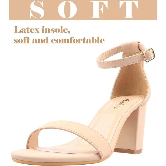 Women Cream Ankis Heels Open Toe Ankle Strap Chunky Heel Sandals 2.75 Inch - Picture 7 of 7